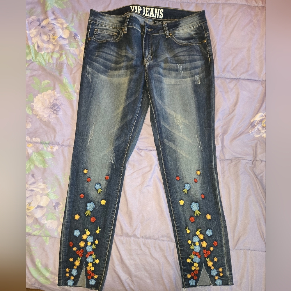 VIP Women's Skinny Jeans in Dark Blue Denim with Multicolor Floral Appliqué